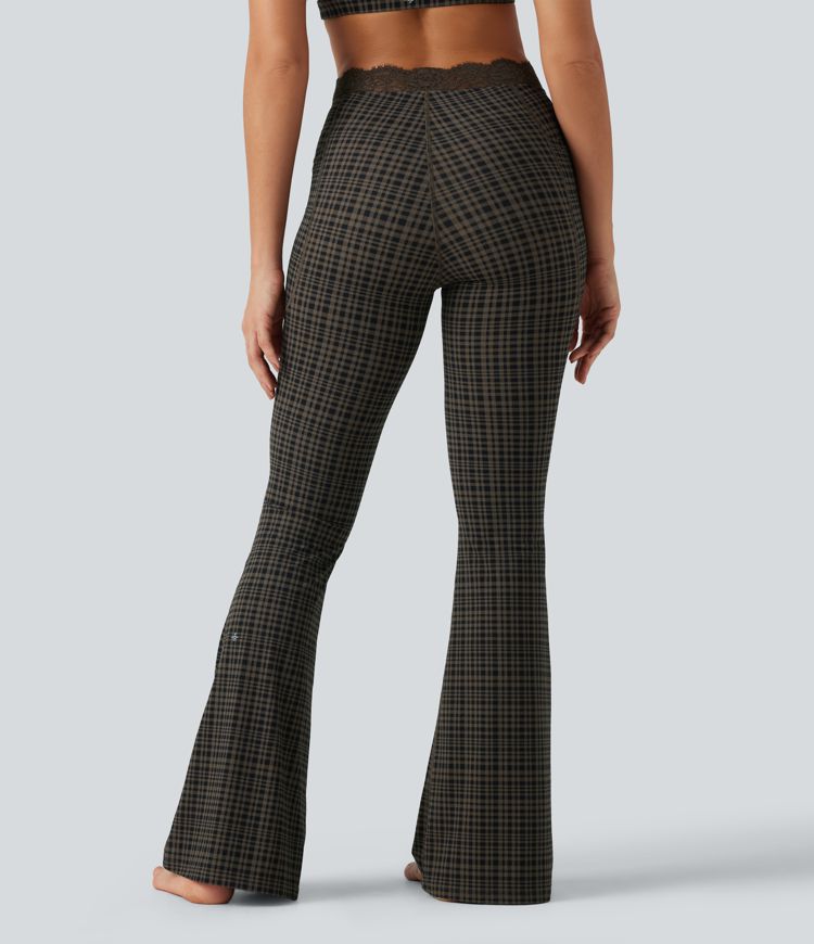 Halara UltraSculpt™ Plaid Print V-Shaped High Waisted Contrast Lace Yoga Flare Leggings with Pockets