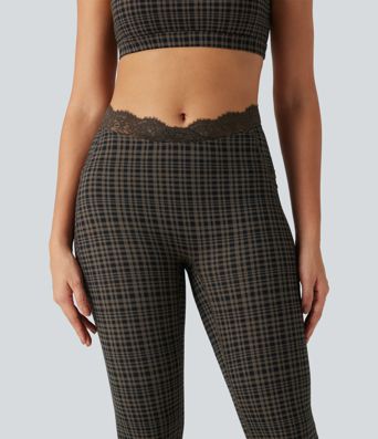 Halara UltraSculpt™ Plaid Print V-Shaped High Waisted Contrast Lace Yoga Flare Leggings with Pockets