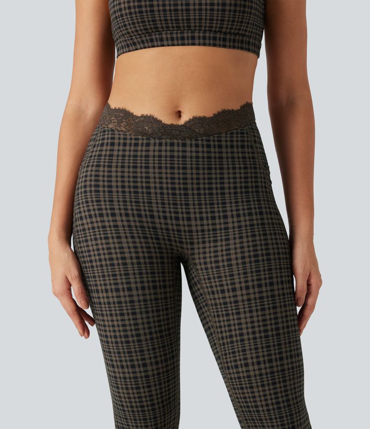 Halara UltraSculpt™ Plaid Print V-Shaped High Waisted Contrast Lace Yoga Flare Leggings with Pockets