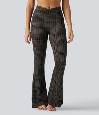 Halara UltraSculpt™ Plaid Print V-Shaped High Waisted Contrast Lace Yoga Flare Leggings with Pockets