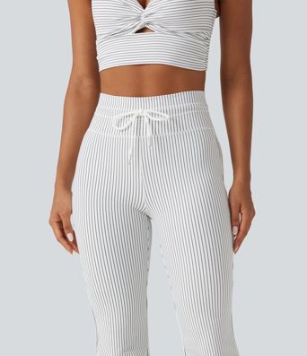 High Waisted Drawstring Stripe Flare Yoga Pants with Pockets High Waisted Drawstring Stripe Flare Yoga Pants with Pockets