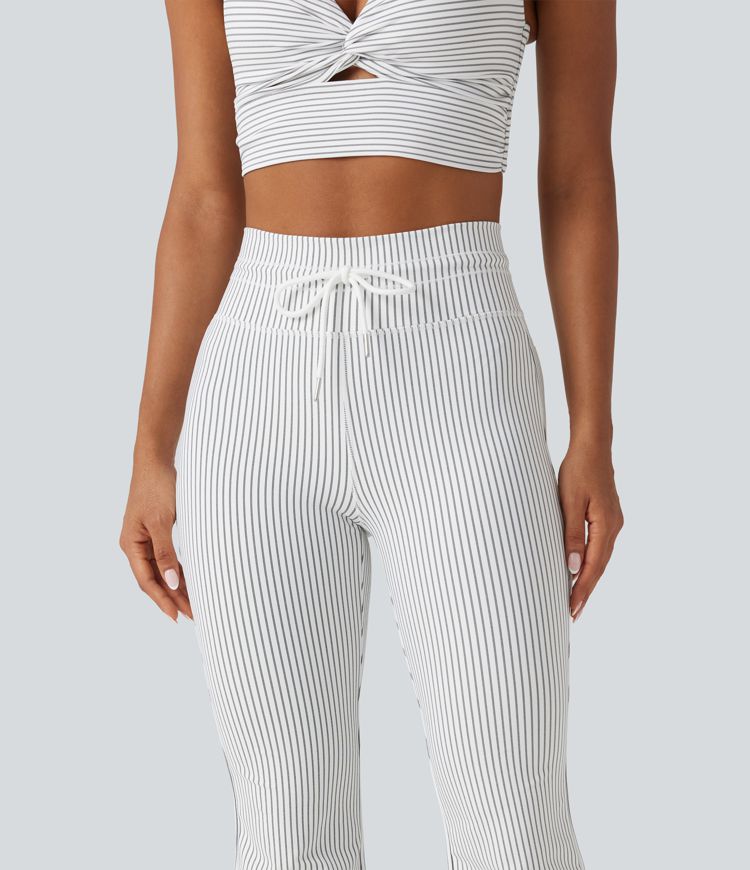 High Waisted Drawstring Stripe Flare Yoga Pants with Pockets High Waisted Drawstring Stripe Flare Yoga Pants with Pockets