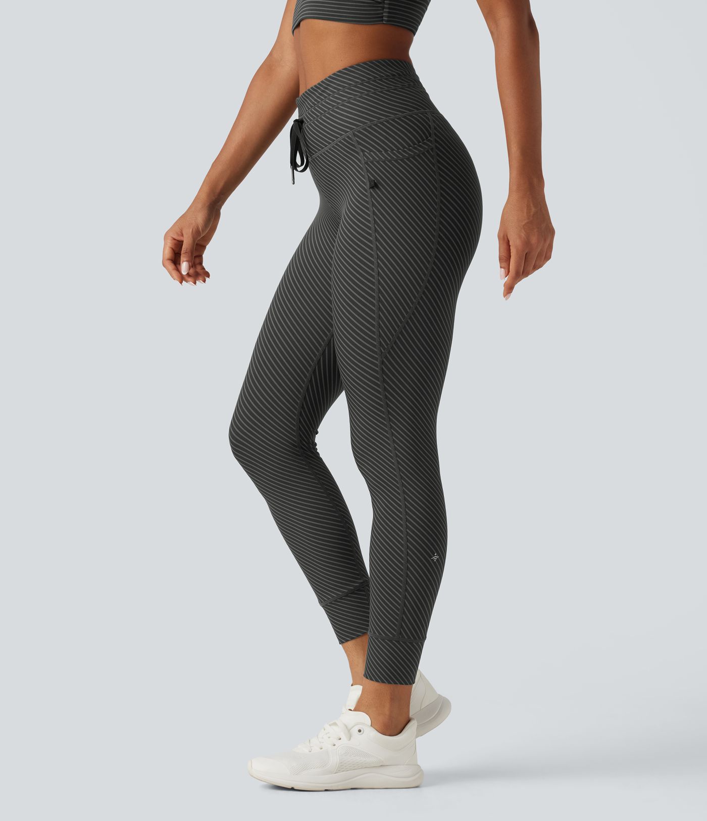 High Waisted Drawstring Twill Stripe Yoga Leggings with Pockets High Waisted Drawstring Twill Stripe Yoga Leggings with Pockets