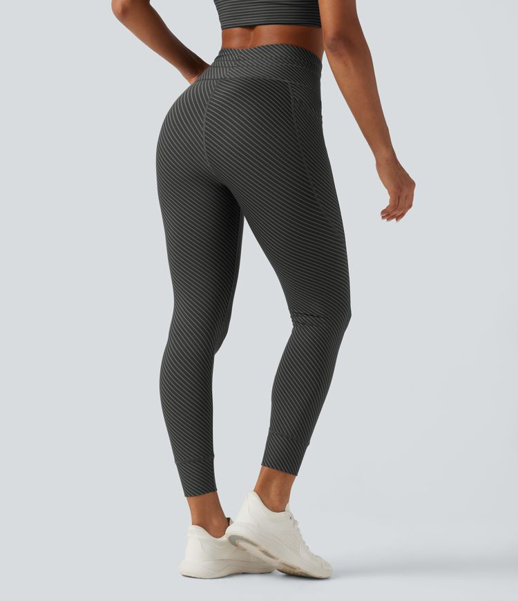 High Waisted Drawstring Twill Stripe Yoga Leggings with Pockets High Waisted Drawstring Twill Stripe Yoga Leggings with Pockets