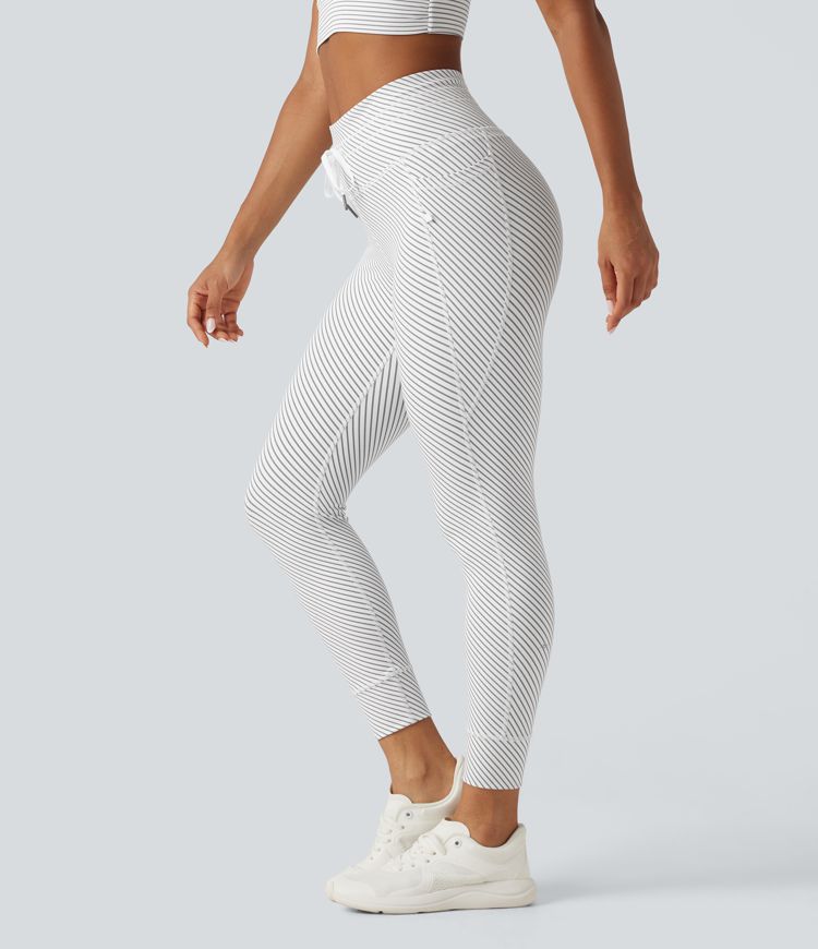 High Waisted Drawstring Twill Stripe Yoga Leggings with Pockets