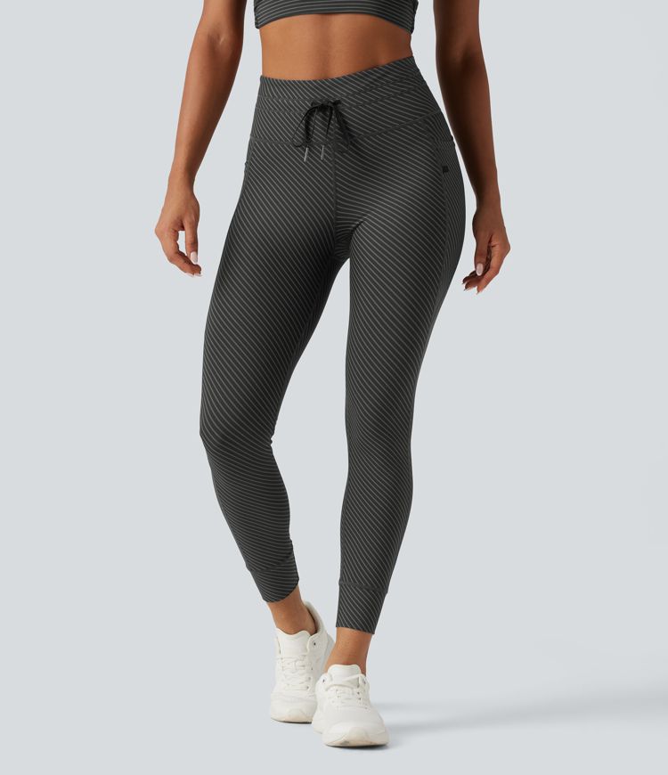 High Waisted Drawstring Twill Stripe Yoga Leggings with Pockets High Waisted Drawstring Twill Stripe Yoga Leggings with Pockets