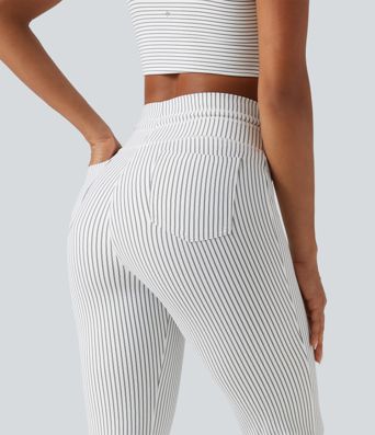 High Waisted Drawstring Stripe Flare Yoga Pants with Pockets High Waisted Drawstring Stripe Flare Yoga Pants with Pockets