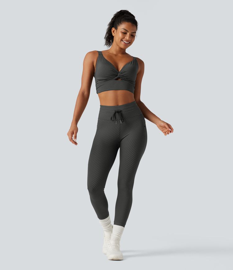 High Waisted Drawstring Twill Stripe Yoga Leggings with Pockets High Waisted Drawstring Twill Stripe Yoga Leggings with Pockets
