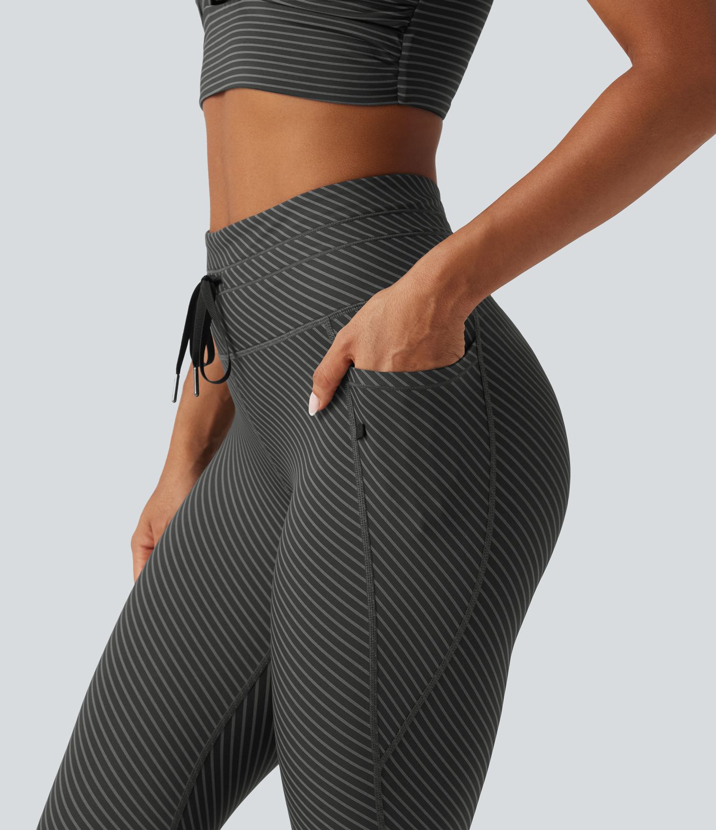 High Waisted Drawstring Twill Stripe Yoga Leggings with Pockets High Waisted Drawstring Twill Stripe Yoga Leggings with Pockets