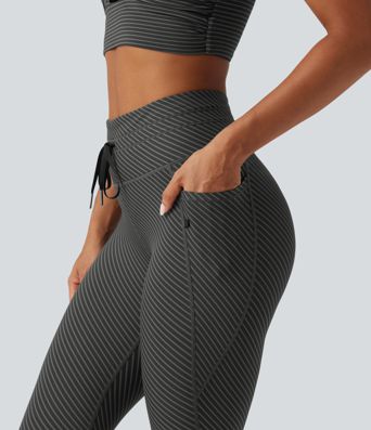 High Waisted Drawstring Twill Stripe Yoga Leggings with Pockets High Waisted Drawstring Twill Stripe Yoga Leggings with Pockets