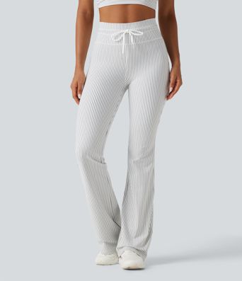 High Waisted Drawstring Stripe Flare Yoga Pants with Pockets High Waisted Drawstring Stripe Flare Yoga Pants with Pockets