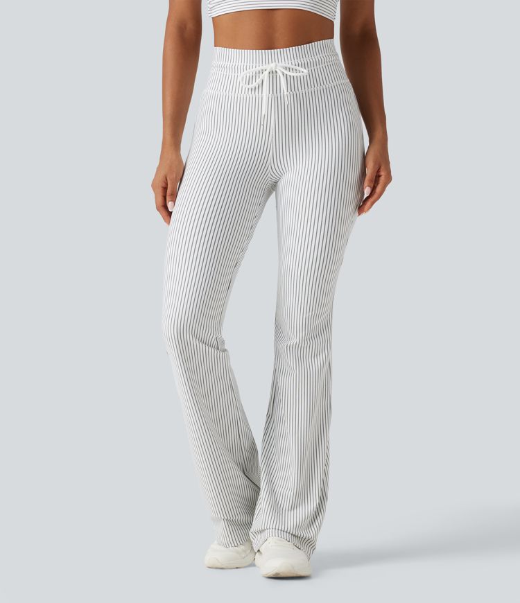 High Waisted Drawstring Stripe Flare Yoga Pants with Pockets High Waisted Drawstring Stripe Flare Yoga Pants with Pockets