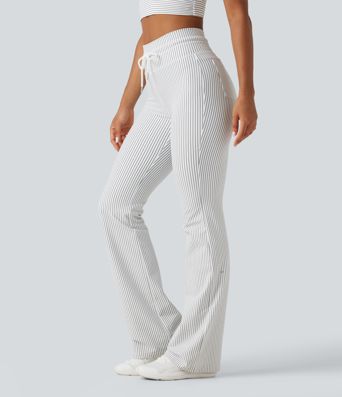 High Waisted Drawstring Stripe Flare Yoga Pants with Pockets High Waisted Drawstring Stripe Flare Yoga Pants with Pockets