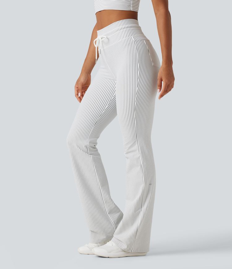 High Waisted Drawstring Stripe Flare Yoga Pants with Pockets High Waisted Drawstring Stripe Flare Yoga Pants with Pockets