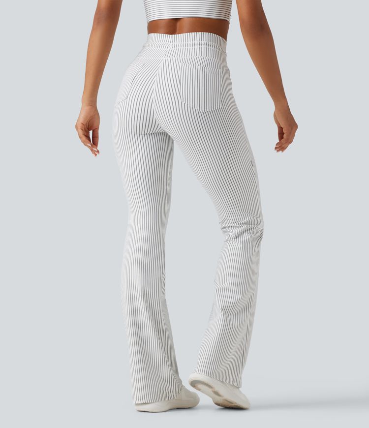 High Waisted Drawstring Stripe Flare Yoga Pants with Pockets High Waisted Drawstring Stripe Flare Yoga Pants with Pockets