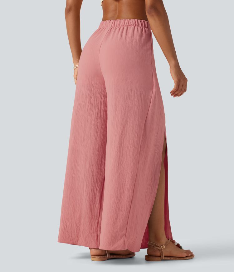 Pantalon ample fluide effet lin taille haute avec laçage Pantalon ample fluide effet lin taille haute avec laçage