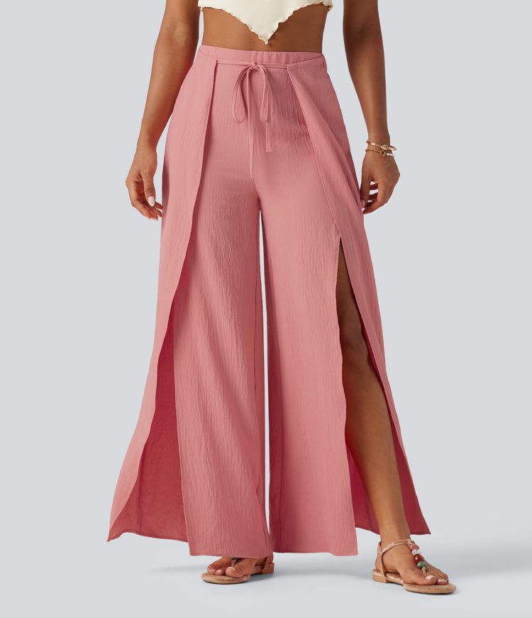 Pantalon ample fluide effet lin taille haute avec laçage Pantalon ample fluide effet lin taille haute avec laçage