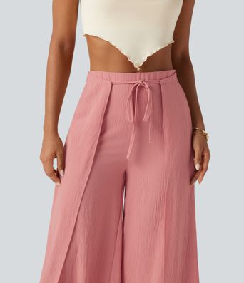 Pantalon ample fluide effet lin taille haute avec laçage Pantalon ample fluide effet lin taille haute avec laçage
