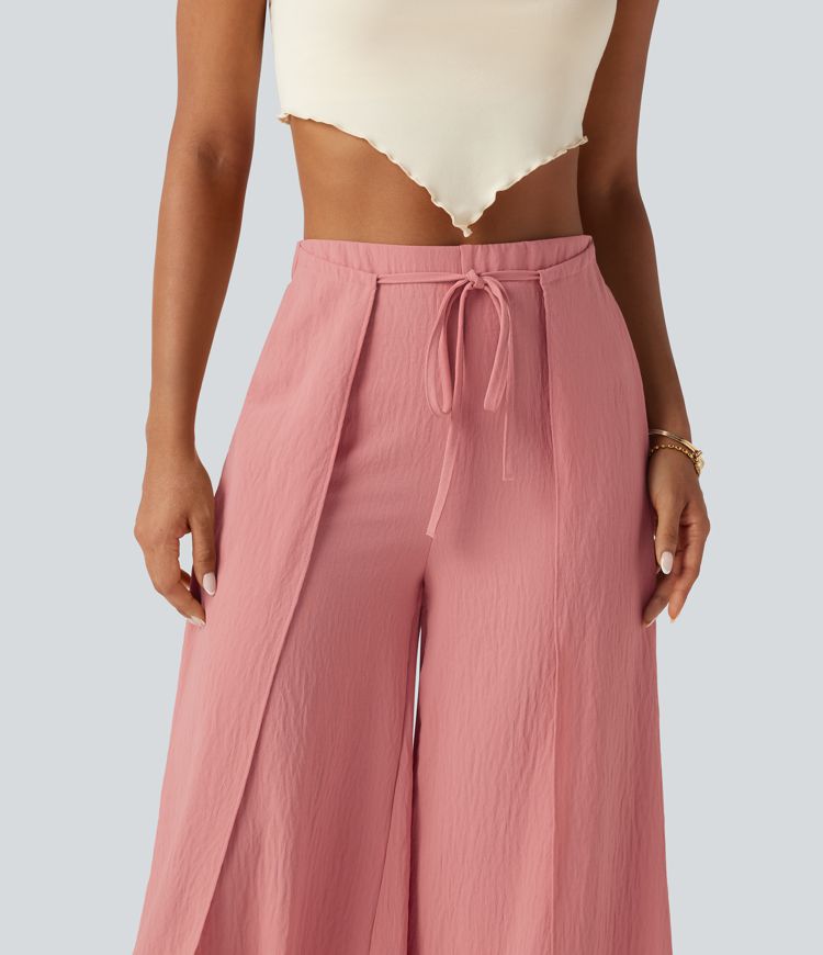 Pantalon ample fluide effet lin taille haute avec laçage Pantalon ample fluide effet lin taille haute avec laçage