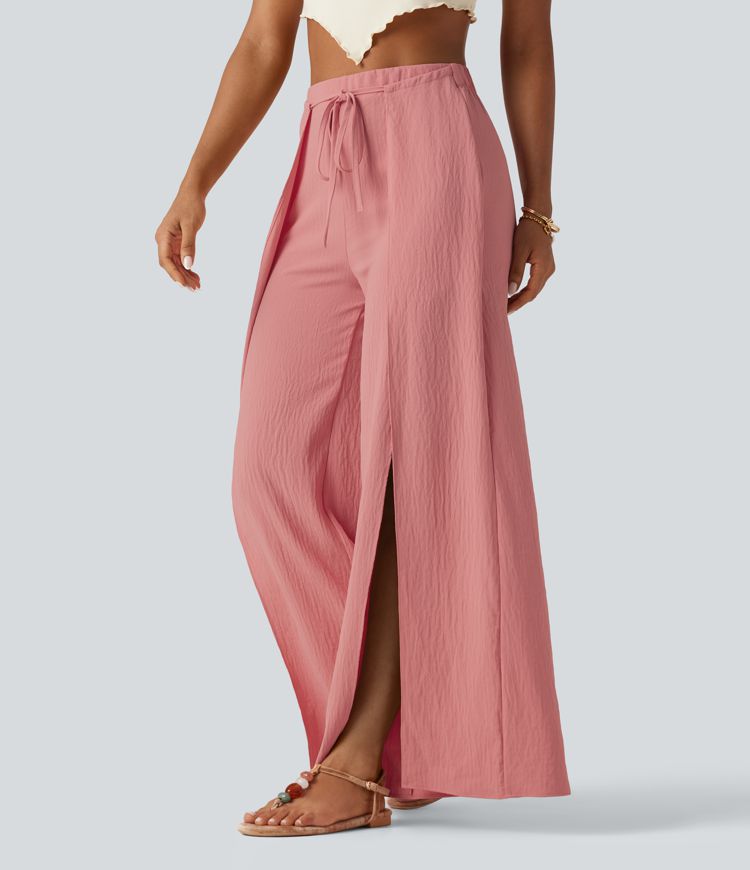 Pantalon ample fluide effet lin taille haute avec laçage Pantalon ample fluide effet lin taille haute avec laçage
