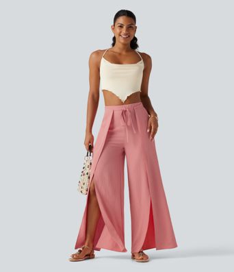 Pantalon ample fluide effet lin taille haute avec laçage Pantalon ample fluide effet lin taille haute avec laçage