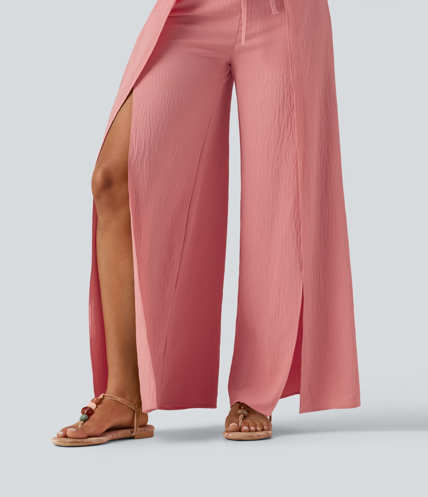 Pantalon ample fluide effet lin taille haute avec laçage Pantalon ample fluide effet lin taille haute avec laçage