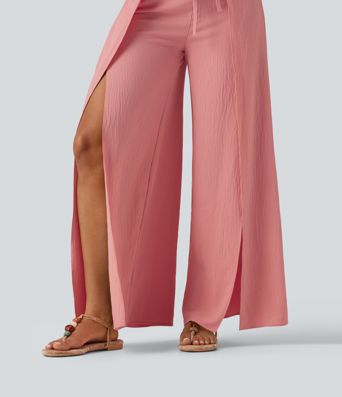 Pantalon ample fluide effet lin taille haute avec laçage Pantalon ample fluide effet lin taille haute avec laçage