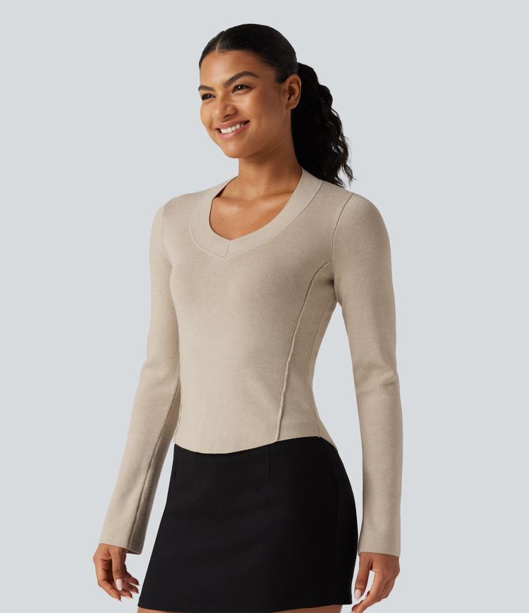 V Neck Long Sleeve Curved Hem Work Wool-Blend Sweater