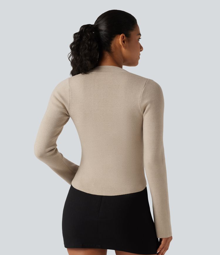 V Neck Long Sleeve Curved Hem Work Wool-Blend Sweater