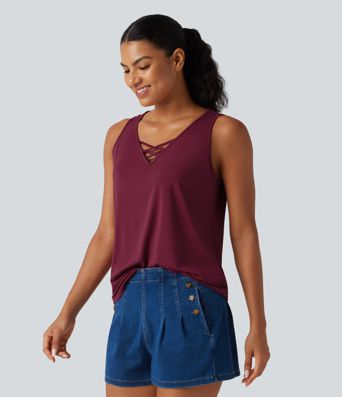 V Neck Crossover Curved Hem Casual Tank Top V Neck Crossover Curved Hem Casual Tank Top