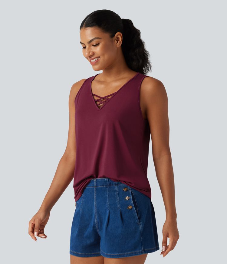 V Neck Crossover Curved Hem Casual Tank Top V Neck Crossover Curved Hem Casual Tank Top