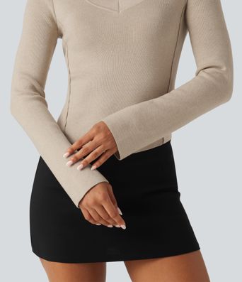 V Neck Long Sleeve Curved Hem Work Wool-Blend Sweater