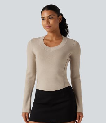 V Neck Long Sleeve Curved Hem Work Wool-Blend Sweater