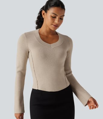 V Neck Long Sleeve Curved Hem Work Wool-Blend Sweater