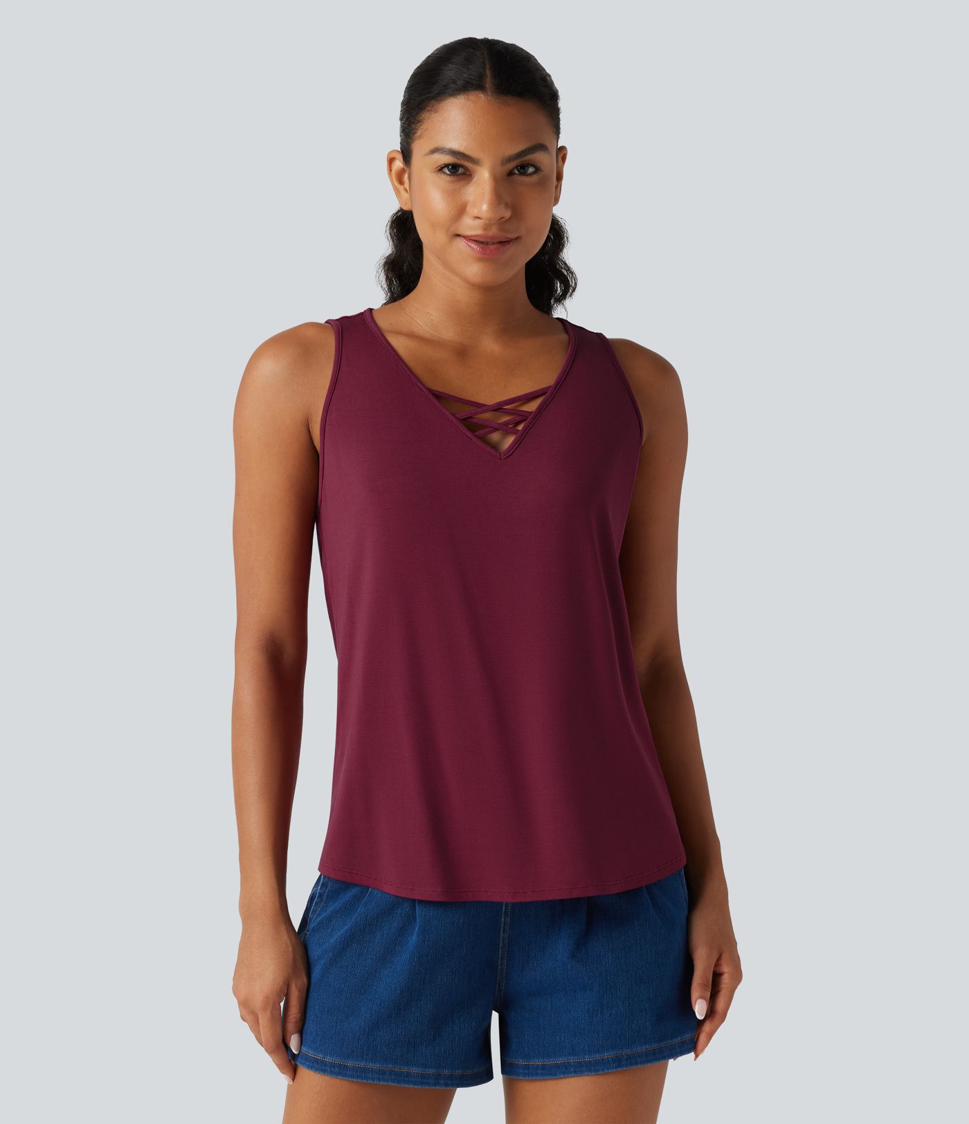 V Neck Crossover Curved Hem Casual Tank Top V Neck Crossover Curved Hem Casual Tank Top