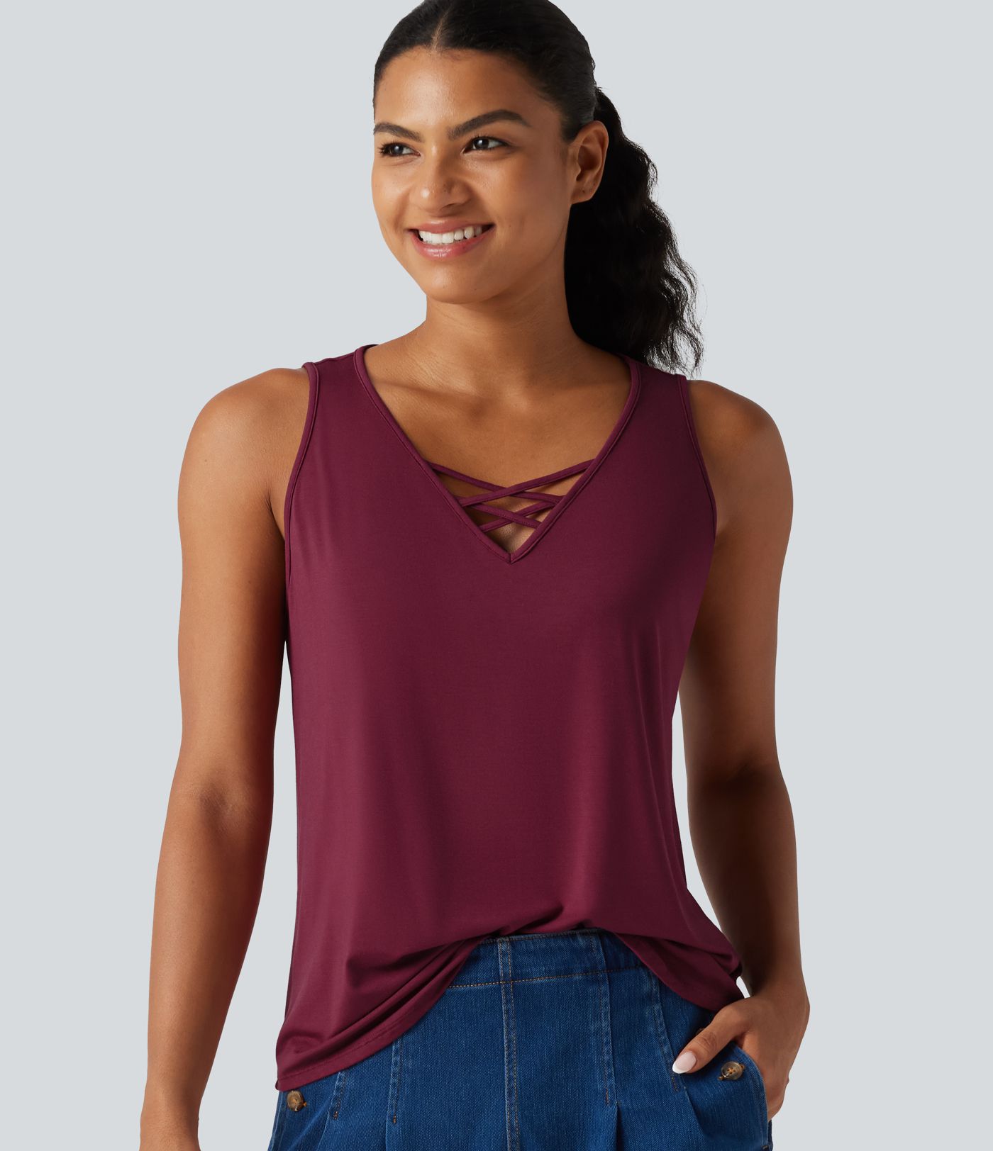 V Neck Crossover Curved Hem Casual Tank Top V Neck Crossover Curved Hem Casual Tank Top