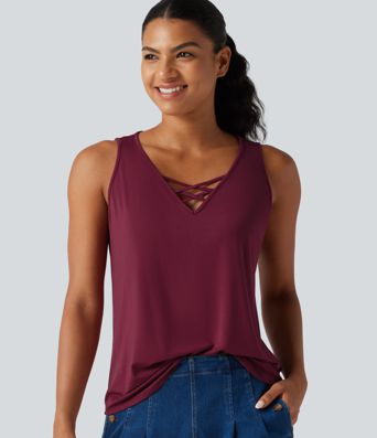 V Neck Crossover Curved Hem Casual Tank Top V Neck Crossover Curved Hem Casual Tank Top