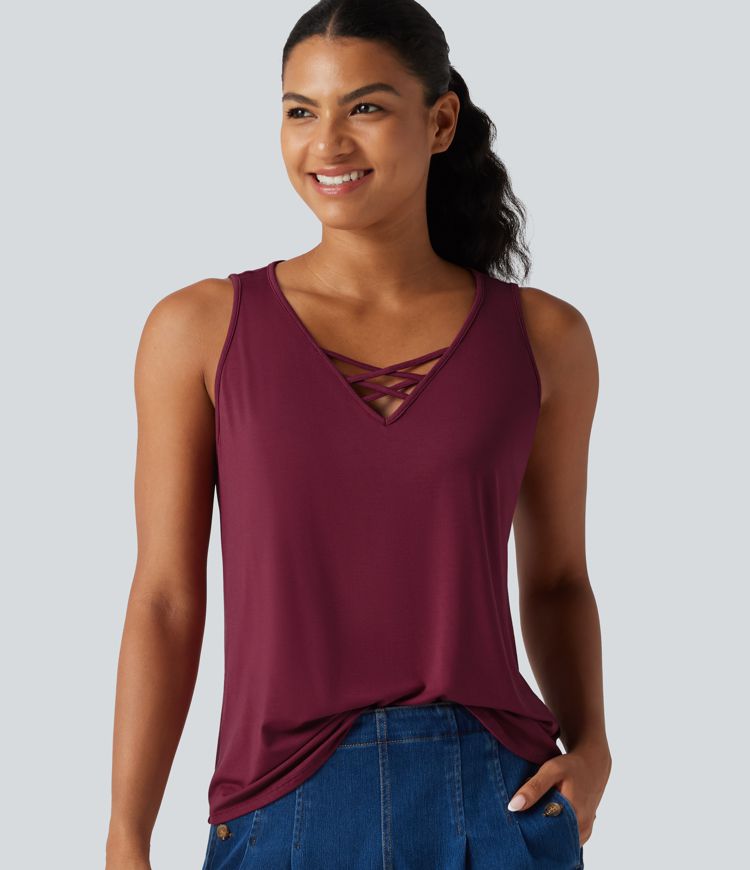 V Neck Crossover Curved Hem Casual Tank Top V Neck Crossover Curved Hem Casual Tank Top