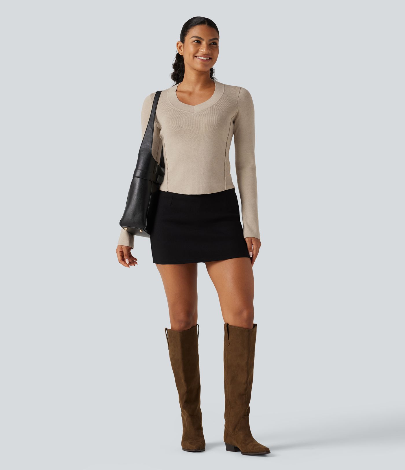 V Neck Long Sleeve Curved Hem Work Wool-Blend Sweater