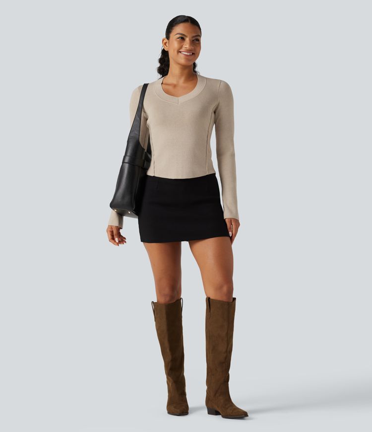 V Neck Long Sleeve Curved Hem Work Wool-Blend Sweater