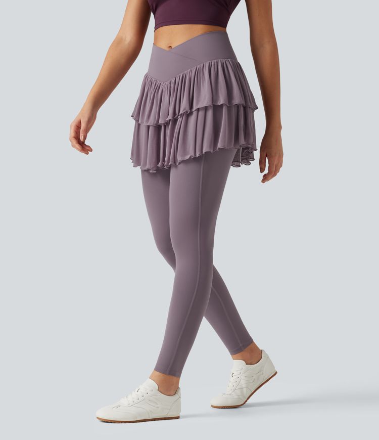 Softlyzero™ High Waisted Crossover Contrast Mesh Workout Skirted Leggings with Pockets Softlyzero™ High Waisted Crossover Contrast Mesh Workout Skirted Leggings with Pockets