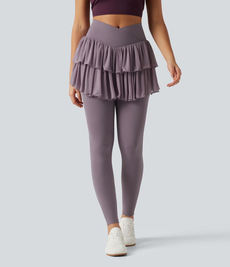 Legging-jupe de sport SoftlyZero™ taille haute croisée avec mesh contrasté et poches Legging-jupe de sport SoftlyZero™ taille haute croisée avec mesh contrasté et poches