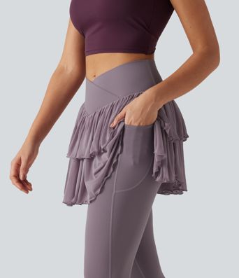 Legging-jupe de sport SoftlyZero™ taille haute croisée avec mesh contrasté et poches Legging-jupe de sport SoftlyZero™ taille haute croisée avec mesh contrasté et poches