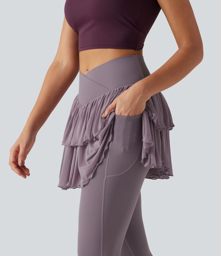 Legging-jupe de sport SoftlyZero™ taille haute croisée avec mesh contrasté et poches Legging-jupe de sport SoftlyZero™ taille haute croisée avec mesh contrasté et poches