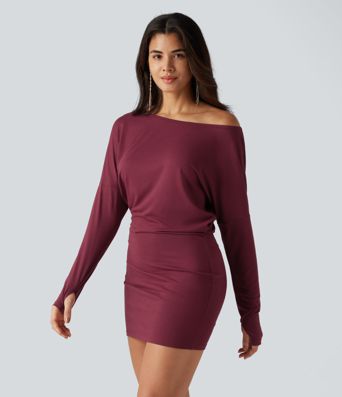 Robe mini moulante froncée à une épaule avec manches longues et passe-pouces