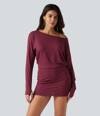 Robe mini moulante froncée à une épaule avec manches longues et passe-pouces