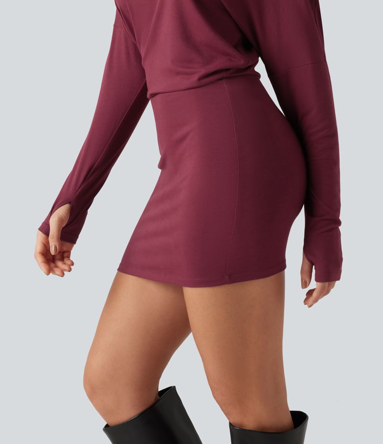 Robe mini moulante froncée à une épaule avec manches longues et passe-pouces