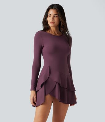 SoftlyZero™ Airy Round Neck Long Sleeve Layered Ruffle Hem InstantCool Mini Casual Dress SoftlyZero™ Airy Round Neck Long Sleeve Layered Ruffle Hem InstantCool Mini Casual Dress