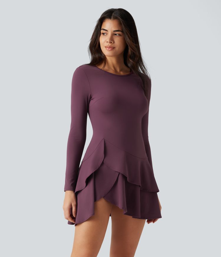SoftlyZero™ Airy Round Neck Long Sleeve Layered Ruffle Hem InstantCool Mini Casual Dress SoftlyZero™ Airy Round Neck Long Sleeve Layered Ruffle Hem InstantCool Mini Casual Dress