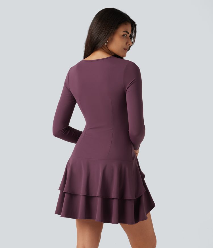 SoftlyZero™ Airy Round Neck Long Sleeve Layered Ruffle Hem InstantCool Mini Casual Dress SoftlyZero™ Airy Round Neck Long Sleeve Layered Ruffle Hem InstantCool Mini Casual Dress